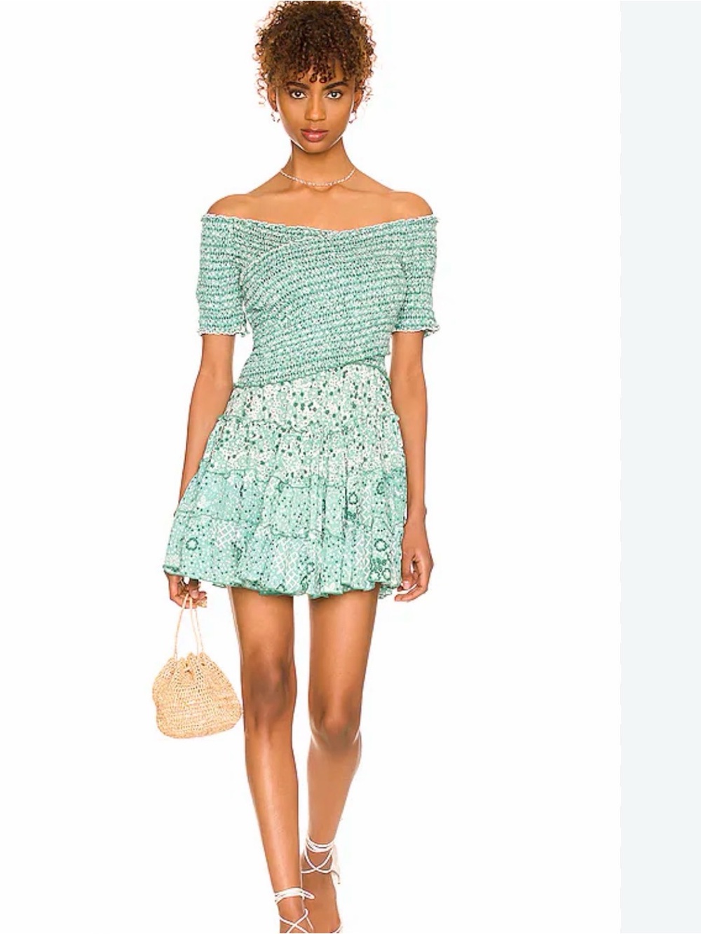 Poupette St. Barth Mint Green Off-Shoulder Smocked Mini Dress